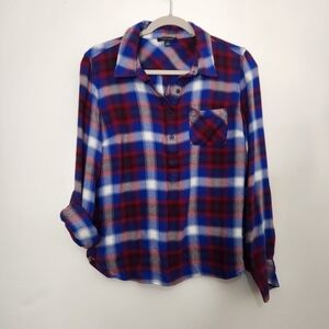 Tommy Hilfiger Women's Large Plaid Flannel Shirt Red White Blue Roll Tab Sleeve
